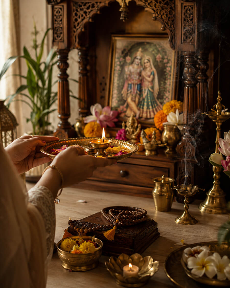 Hands offering an aarti diya at a home mandir